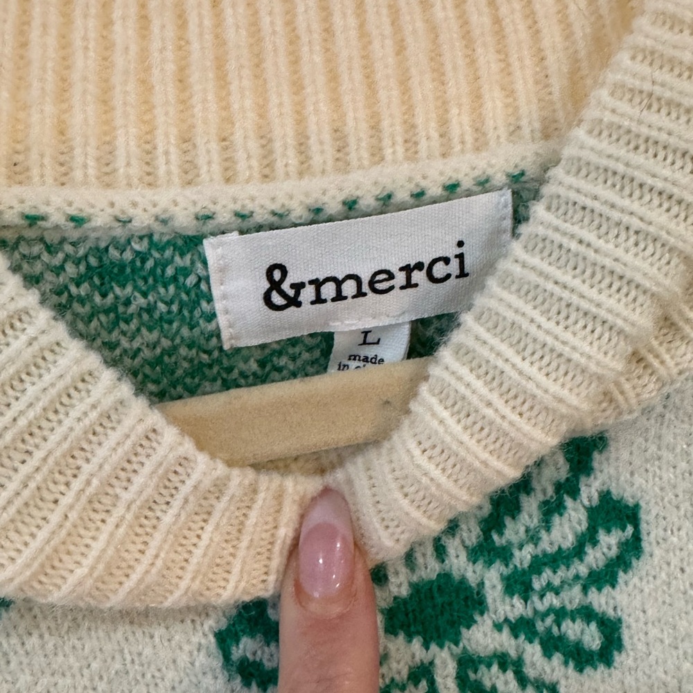 🍃🤍 Cream Crewneck Sweater with Green Floral Jacquard Printed Longsleeve - Picture 3 of 4